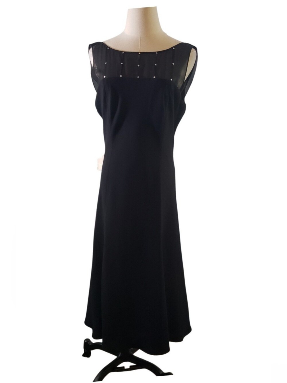 Evan-Picone Little Black Dress 12 Sheer Rheinstone Draped Chiffon Cocktail Party